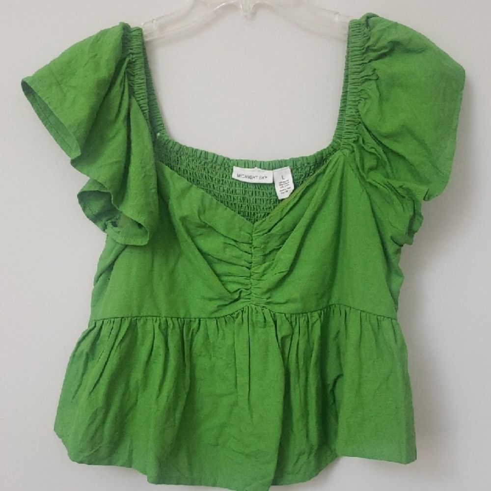 Midnight Sky Top Womens L Flutter Sleeve Smocked Milkmaid Cottagecore Peasant